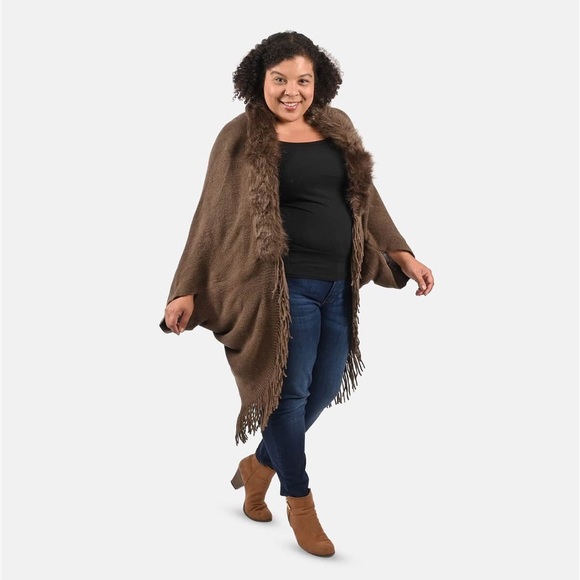 KIMONO/BROWN TRENDY AND LUXURIOUS FAUX FUR TRIMMED WITH FRINGES O/S💕 - Picture 2 of 5